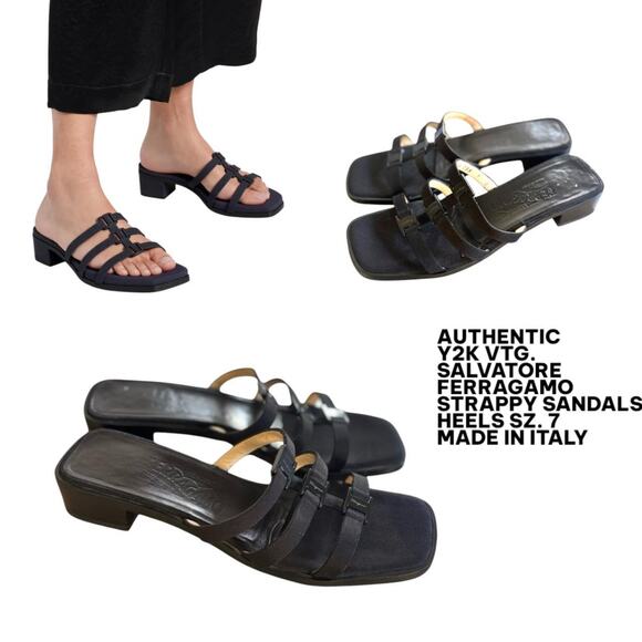 Y2K VTG. SALVATORE FERRAGAMO BLACK STRAPPY SANDALS HEELS SZ. 7 EUC‎ - Picture 1 of 5